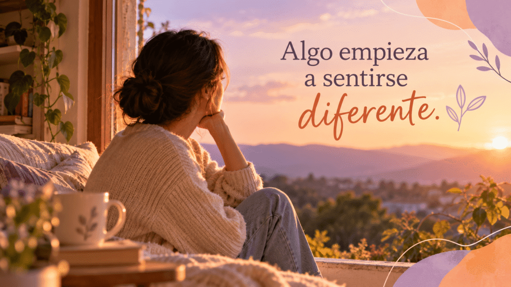 Mujer observando con calma mientras comienza a reconocer que algo se siente diferente en su vida.