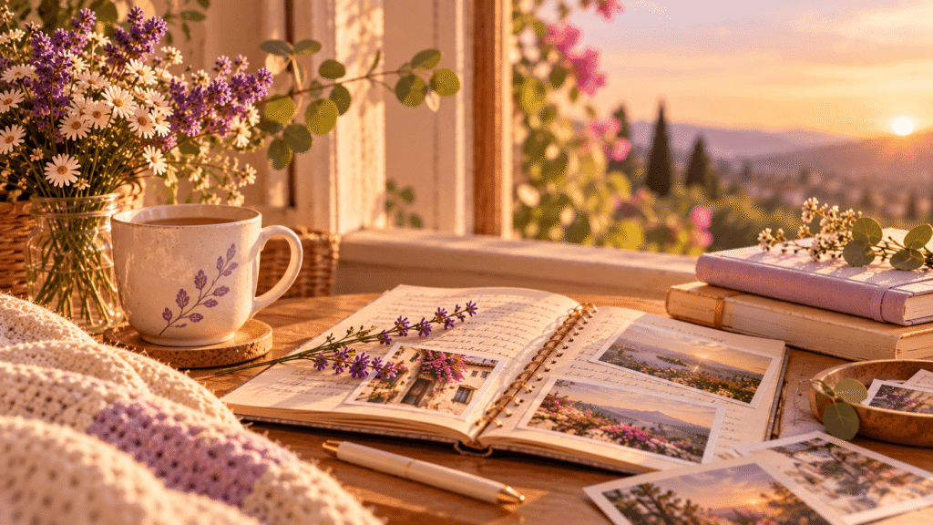 Álbum de fotografías abierto sobre una mesa con flores lavanda y una taza, iluminado por la luz cálida del atardecer.