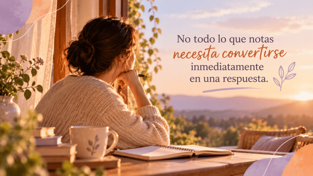Persona reflexionando con calma mientras se da tiempo para observar lo que siente antes de tomar una decisión.