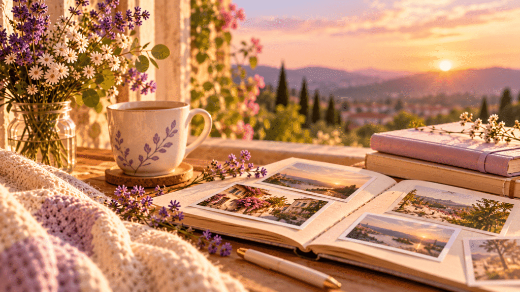 Cuaderno abierto con fotografías y flores lavanda sobre una mesa junto a una ventana iluminada por el atardecer.